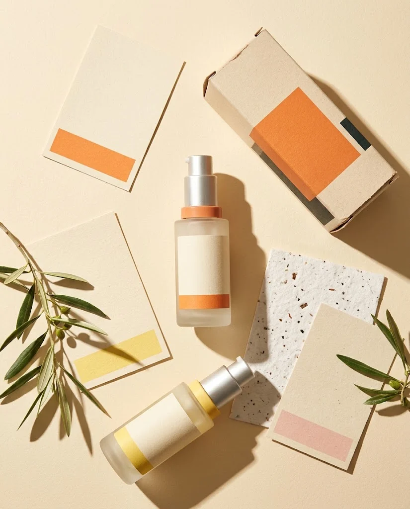 Packaging concept flat lay with blank labels