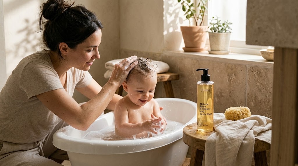 Μαμά λούζει το μωρό της με το Fouka Baby Wash & Shampoo