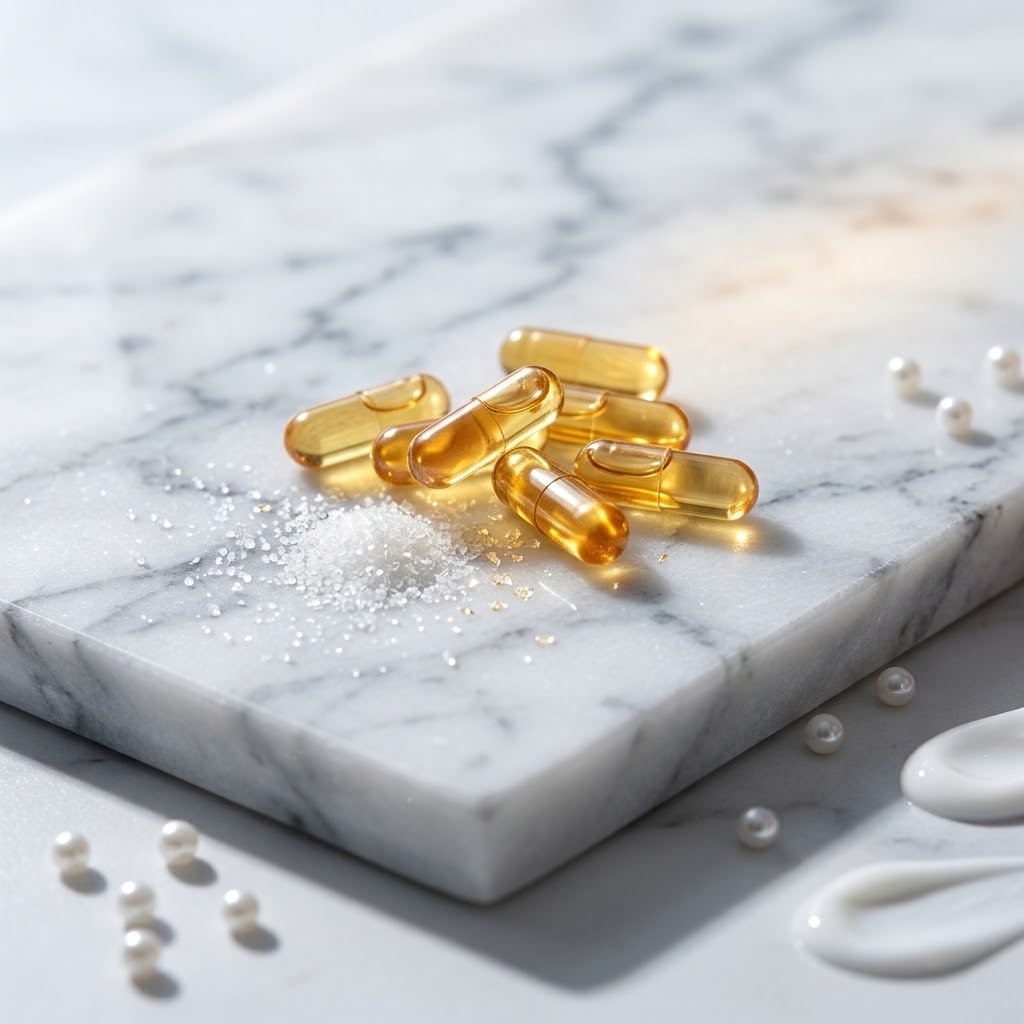 Χρυσά κάψουλα Bacillus Ferment δίπλα σε πρεβιοτικά σάκχαρα