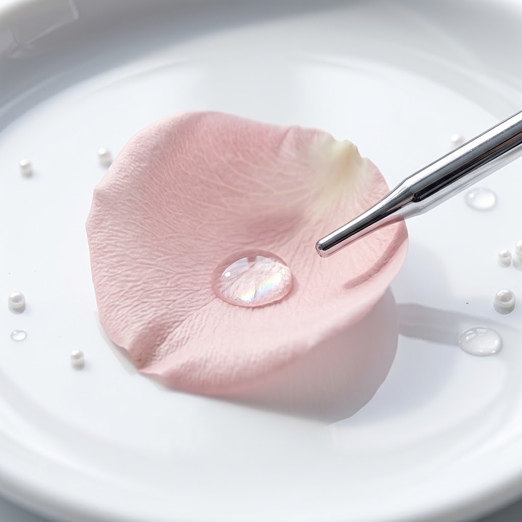Σταγόνα διάφανου ορού πάνω σε ανθόφυλλο, με χρωμένο pipette