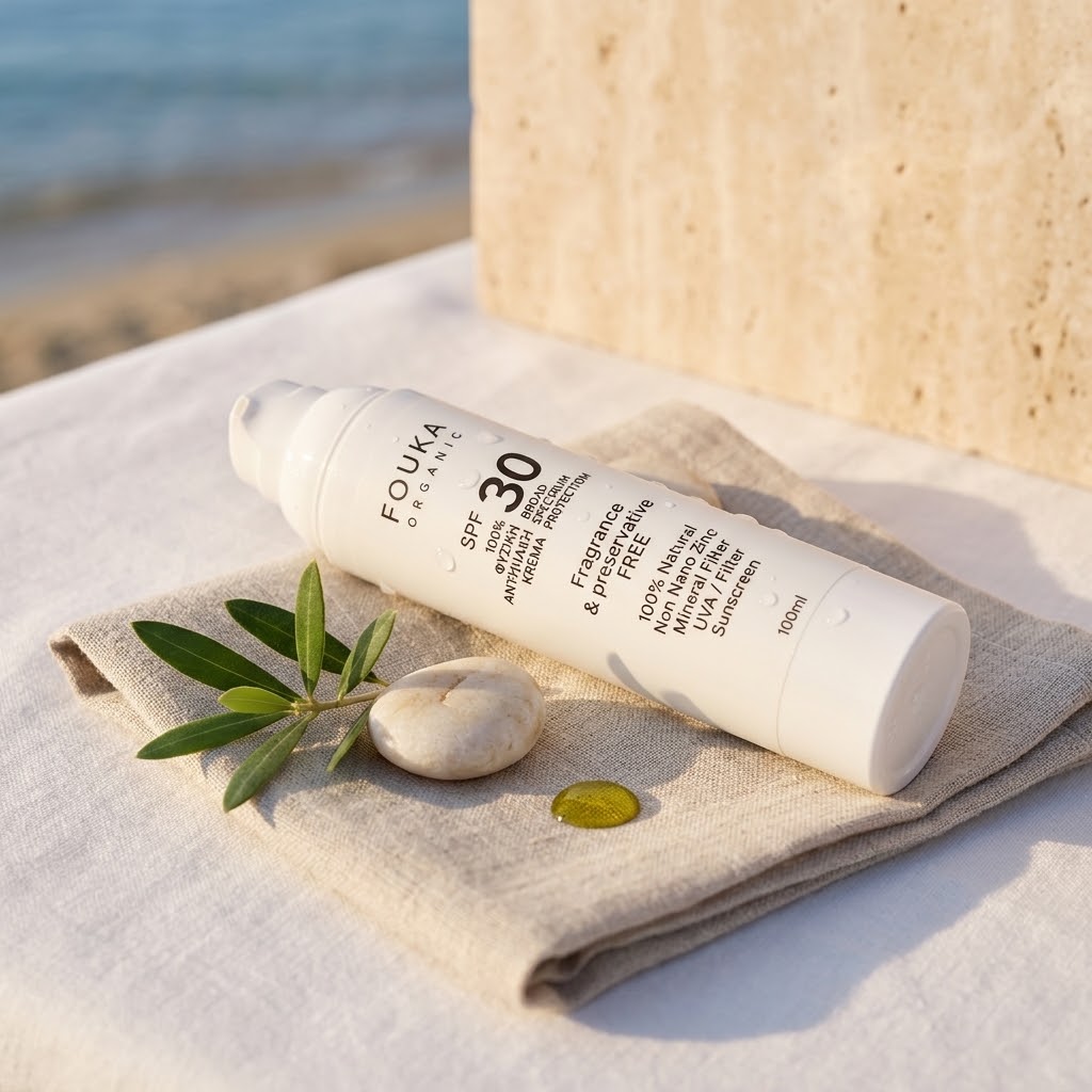 Σύνθεση με τη συσκευασία — Fouka 100% Natural Non Nano Sunscreen broad